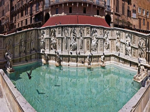 Panoramic view of Fonte Gaia (Fountain of Joy), Piazza del Campo, Siena, Tuscany, Italy
