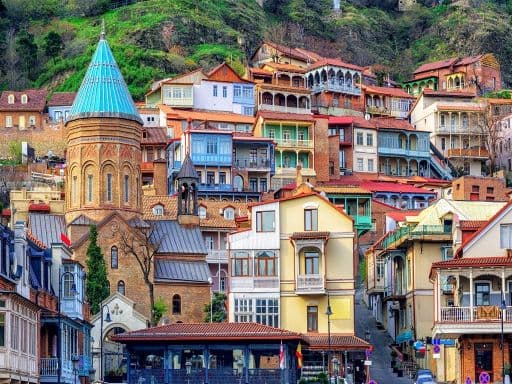 Colorful traditional houses with wooden carved balconies in the Old Town of Tbilisi, Georgia