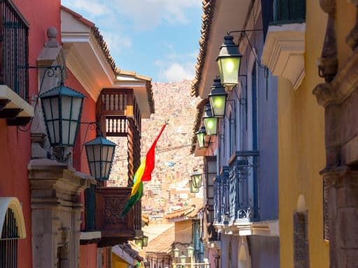 View of old colonial buildings on Jaen Street in La Paz,